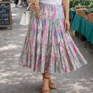 Lauren Ralph Lauren Tiered Paisley Skirt Boho Midi Pink Cotton Summer NWT